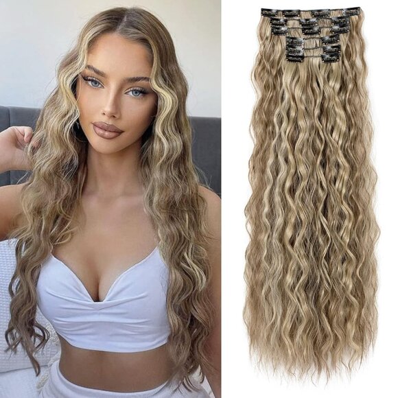 New 6PCS 24" Synthetic Curly Cool Brown Blonde Highlights Clip-In Hair Extension